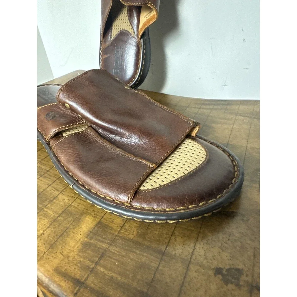 Born Men’s 14M Brown Leather Slide Sandals Comfort Cushioned Slip On